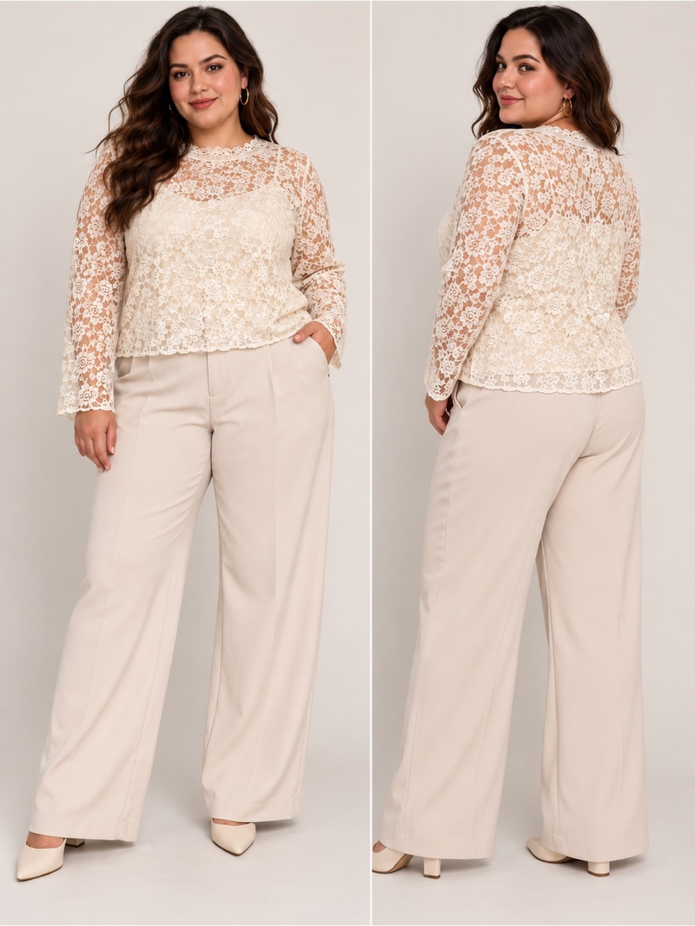 Women's Cream Floral Lace Long-Sleeve Blouse